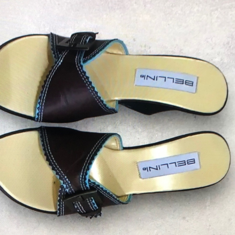 Bellini women’s sandals brown teal buckle wedge heel